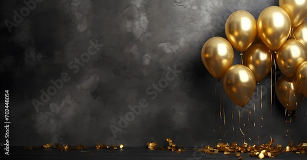 Fototapeta Luxurious Golden Balloons on a Dark Background with Space for Message