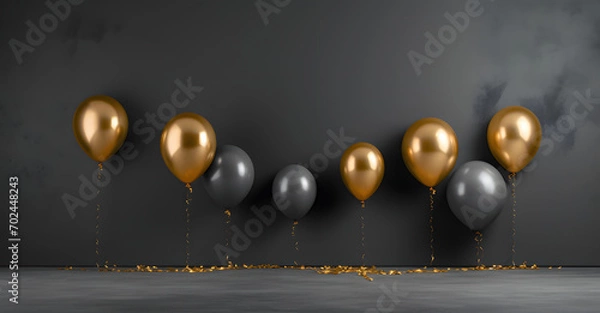 Fototapeta Elegant Grey and Gold Balloon Arrangement on Dark Backdrop with Text Space