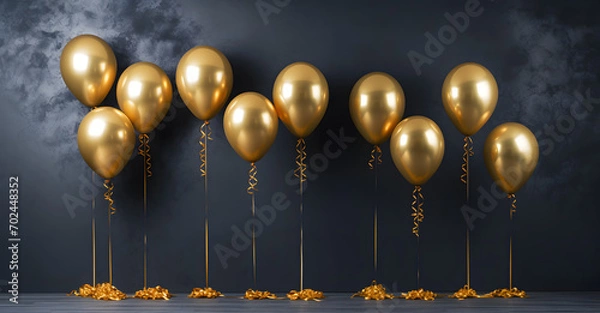 Fototapeta Golden Balloons on Dark Background with Space for Text