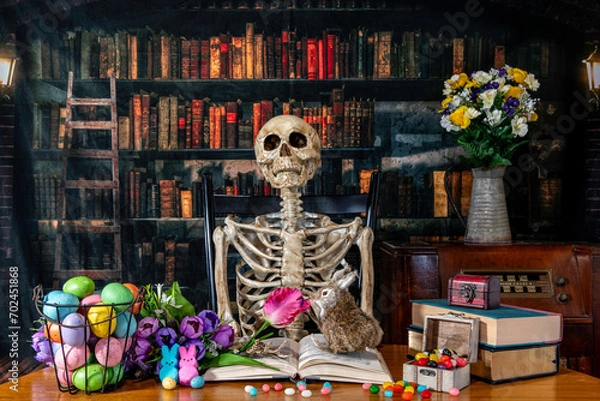 Obraz skeleton holding rabbit and spring flower in old library with jelly beans and Easter decorations