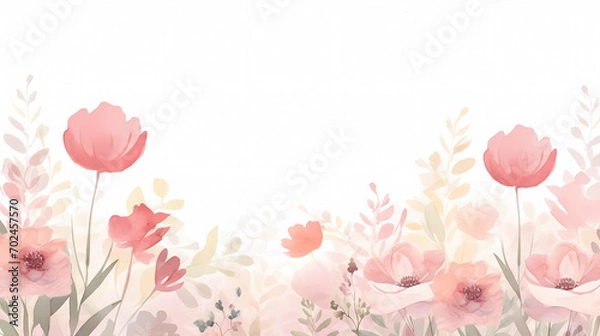 Fototapeta Floral frame with watercolor flowers, decorative flower background pattern, watercolor floral border background