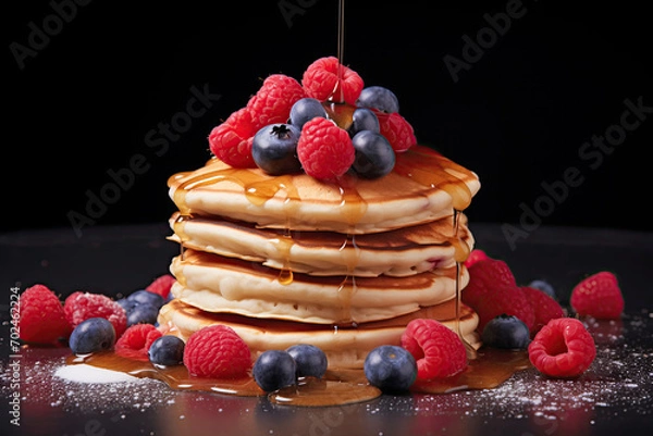 Fototapeta A delectable stack of pancakes topped with fresh raspberries and blueberries, drizzled with golden syrup. The image captures the syrup mid-pour, accentuating the indulgence of this delightful breakfas