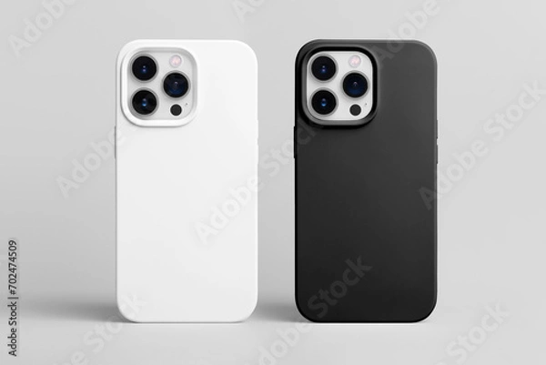Obraz set of two smart phones in white and black cases back view isolated on gray background, iPhone 15 and 14 Pro max case mock up