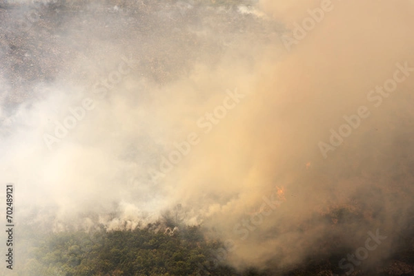 Fototapeta Aerial view of a wildfire with visible smoke and flames, suitable for environmental issues.