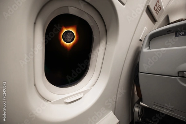 Fototapeta A solar eclipse looking through the window of an airplane
