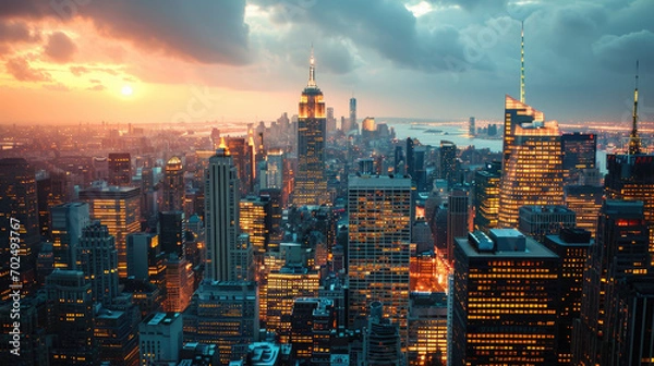Fototapeta Aerial view of cityscape with illuminated skyscrapers and Empire State building with high rise towers against cloudy 