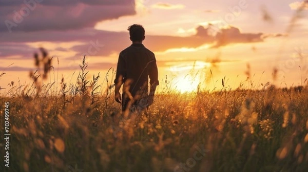 Fototapeta A man standing in a field of tall grass. This picture can be used for various outdoor and nature-related themes
