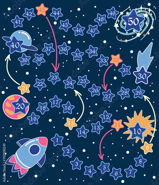 Fototapeta Step by step board game with numbers from the spaceship to the other galaxy. Cartoon vector illustration for games, children's rugs, print.