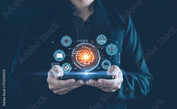 Fototapeta AI tech. Artificial intelligence. Businessman us technology smart robot AI. Chatbot concept. Modern screen digital communication device. New sign, Support service online customers on internet website.