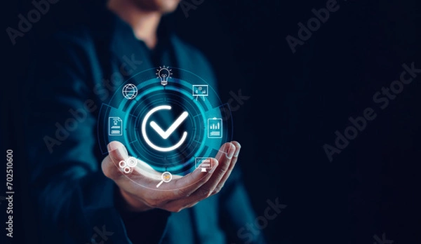 Fototapeta Standards quality assurance control standardization and certification concept. Service guarantee, Proposal, ISO certificate, technology systems management, Assured, Value, Business, Checked icon.