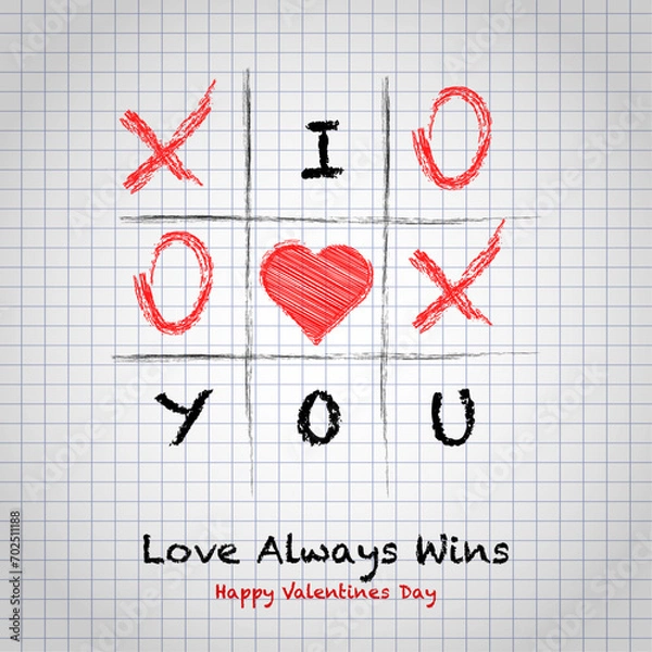 Fototapeta tic tac toe love I love you with hearts and text