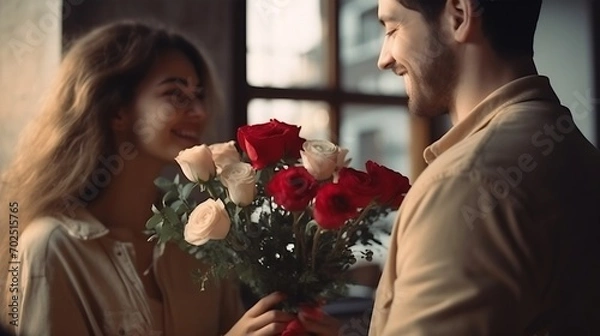 Fototapeta Smiling man giving flowers to woman on valentine's day : Generative AI
