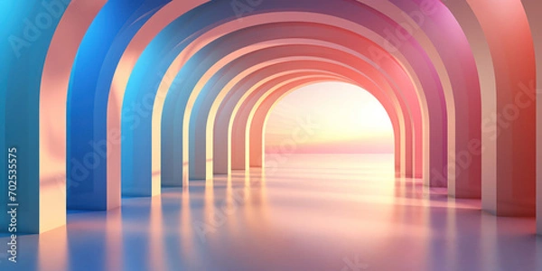 Obraz Series of archways displaying a rainbow gradient create an illusion of infinite depth in a modern passage