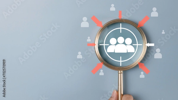 Obraz Planning development leadership concept. Job recruitment, Target customer, Buyer persona. Magnifier glass focus to personnel icon which is Personalization marketing, customer centric strategies.
