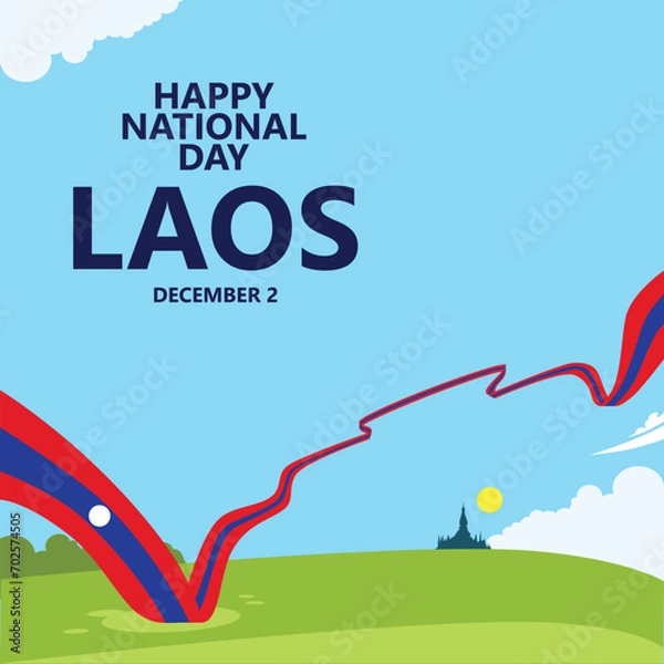Fototapeta Laos national day vector illustration with its long national flag and a temple's silhouette in the distance within bright day scenery. Southeast Asian country public holiday.