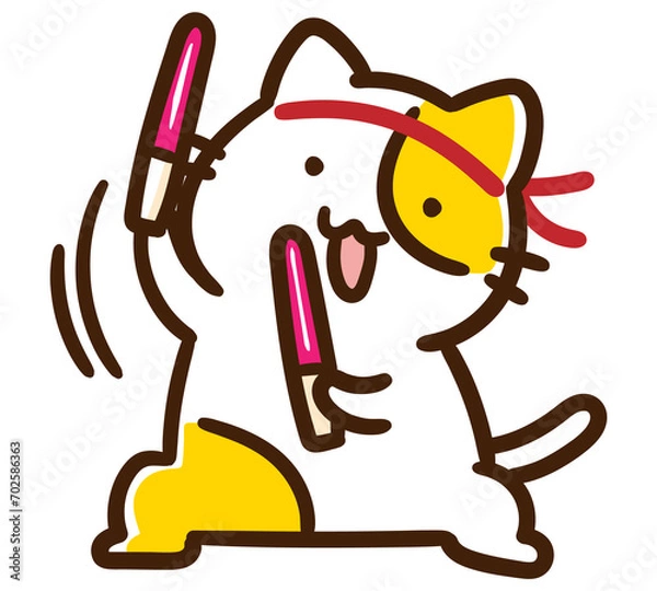 Obraz サイリウムを持って全力オタ芸を披露するかわいいねこのキャラクターのデフォルメイラスト