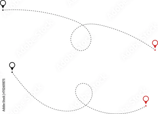 Fototapeta Route icon - two points with dotted path and location pin. Route location icon two pin sign and dotted line. Travel vector icon. Travel from start point and dotted line tracing.