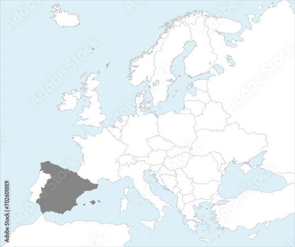 Fototapeta Gray CMYK national map of SPAIN inside detailed white blank political map of European continent on blue background using Mollweide projection