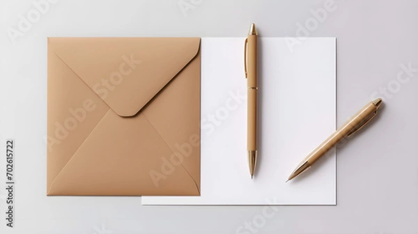 Fototapeta Pens, writing paper and an envelope on a gray background