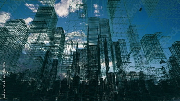 Fototapeta Futuristic city skyline, Artificial intelligence, Internet of things,aerial view of the city of the future, vision 2030, holographic city. plexus