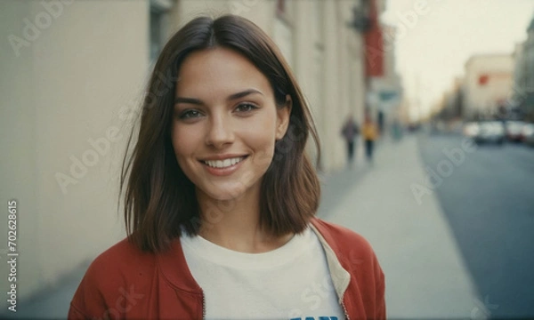 Obraz ragazza sorridente con felpa rossa