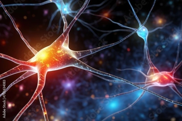 Fototapeta Neuronal learning, 3d neurons forge new connections, strengthening the brain's cognitive abilities, Neurons in the brain act as messengers, brain's neurons fire in synchrony, deep concentration focus