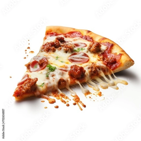 Fototapeta Slice of meet ball  pizza flying isolated on transparent background,A hot pizza slice with dripping melted cheese.