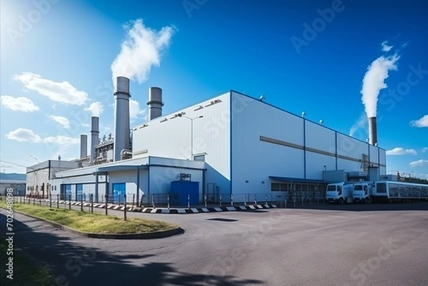 Fototapeta Wide-angle view of a large tobacco factory exterior with visible smoke emissions