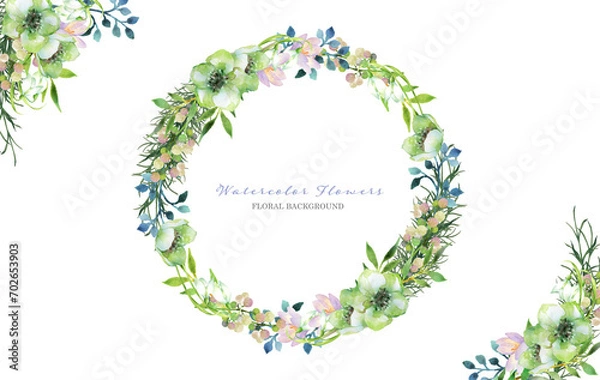 Obraz 水彩で描いた緑と白の花のリースとデコレーション
