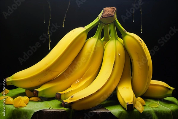 Fototapeta Bunch of bananas on a black background with drops of water.