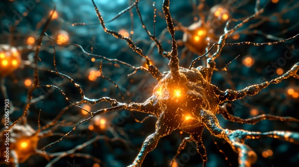 Fototapeta Neurons activity. Synapses and axones transmitting electrical signals. AI generated