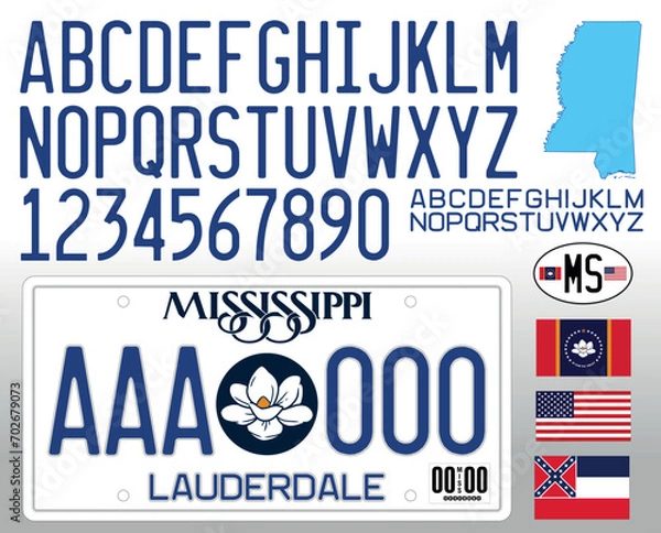 Fototapeta Mississippi US state car license plate new pattern 2024 with letters, numbers and symbols, vector illustration, USA