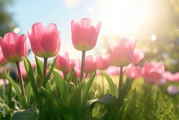 Fototapeta A group of pink tulips standing tall in a lush green meadow, with the sun shining brightly in the background