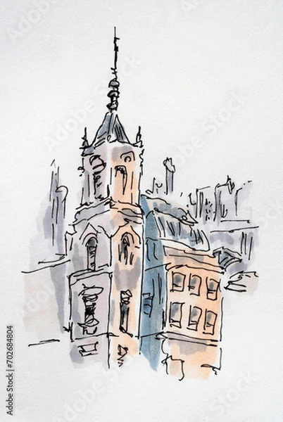 Fototapeta City sketch created with liner and markers. Color illustration on watercolor paper