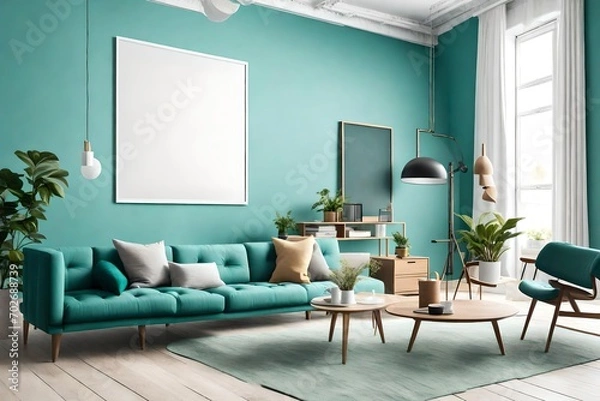 Fototapeta An inviting living room space with a blank frame hanging on a teal wall, surrounded by minimalist furniture in bright and cheerful tones.