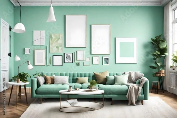 Fototapeta A cozy living room featuring a blank frame on a mint green wall, complemented by simple and modern furniture in bright, solid hues.