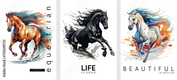 Obraz Hand drawn set of posters dedicated to horses and equestrian sports. Vectorized gouache illustrations. Abstract for advertising, prints, banners, posters, postcards and other materials