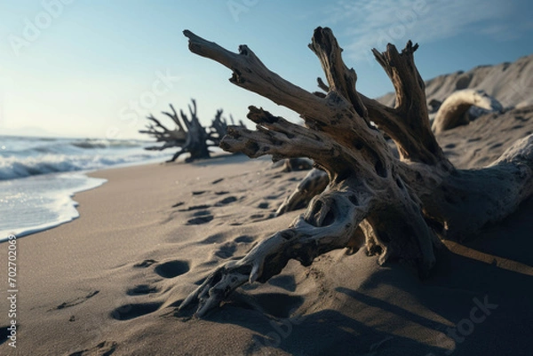 Fototapeta a beach with driftwood, with its intricate shapes and textures creating a unique contrast against the sand and sea