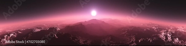Fototapeta Panorama of Mars at sunset, sunrise above the surface of Mars, Martian landscape, 3d rendering