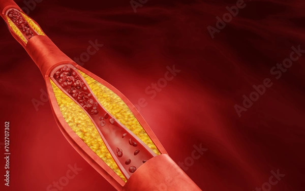 Obraz Fat clogs the arteries in the body. LDL. low-density lipoproteins.3d rendering. Chronic non-communicable diseases. Causes of heart disease. Sickness. Dangerous to health.
