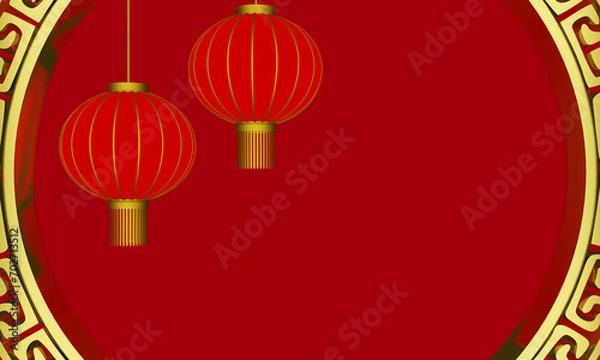 Obraz 3D illustration background image of Chinese New Year , simple decoration. Lanterns. Holiday. Red background image. Gold color. 3D rendering05