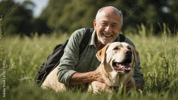 Fototapeta A joyful elderly man in a green jacket with a backpack hugs a yellow Labrador in a sunlit meadow.