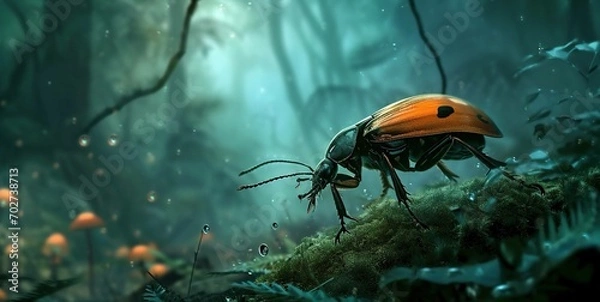 Fototapeta 3D illustration of a orange beetle in a dark green forest.