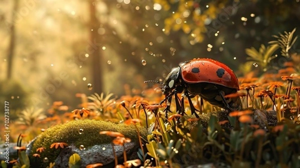 Fototapeta Beautiful ladybug in the garden on moss at sunset. Nature background.