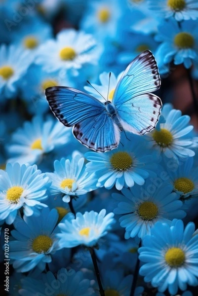 Obraz Beautiful blue butterfly in flight over branch of flowering apple tree in spring at Sunrise on light blue and pink background macro.