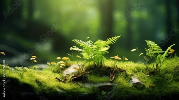Fototapeta Beautiful green ferns and moss in the forest