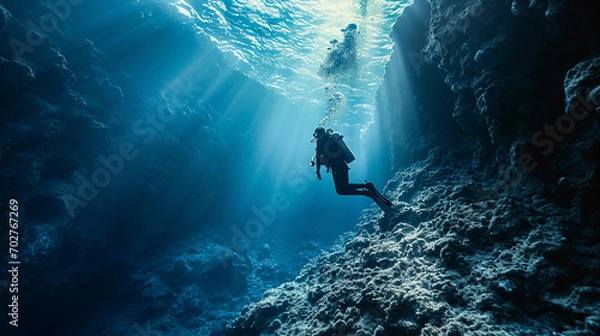 Fototapeta scuba diver at the edge of a drop-off, endless deep blue abyss, feeling of awe and solitude