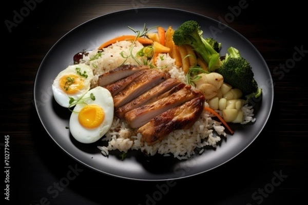 Fototapeta  a plate of food with meat, rice, broccoli, carrots, and an egg on it.