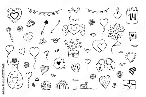 Fototapeta Large set of doodle illustrations for Valentine's Day. Various hearts, garlands, kisses for decorating postcards and posters for Valentine's Day. Hand-drawn black and white drawings.