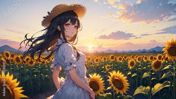 Obraz ひまわり畑　美少女　イラスト｜Generative AI